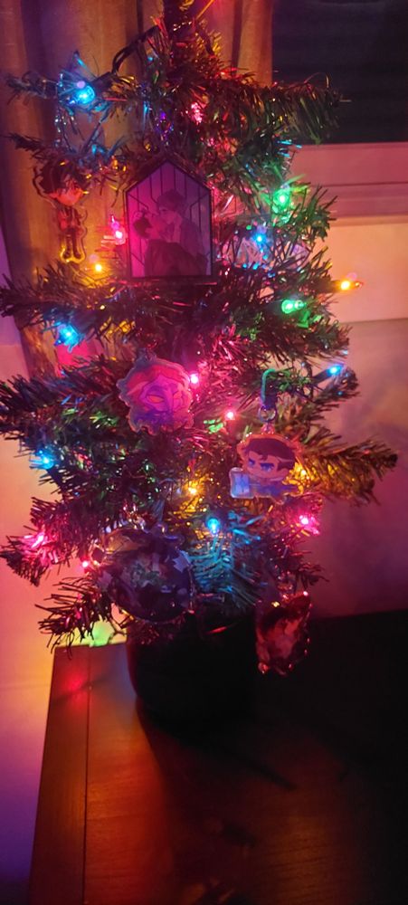 mini christmas tree with coloured lights, decorated with jayvik and vikjayce charms