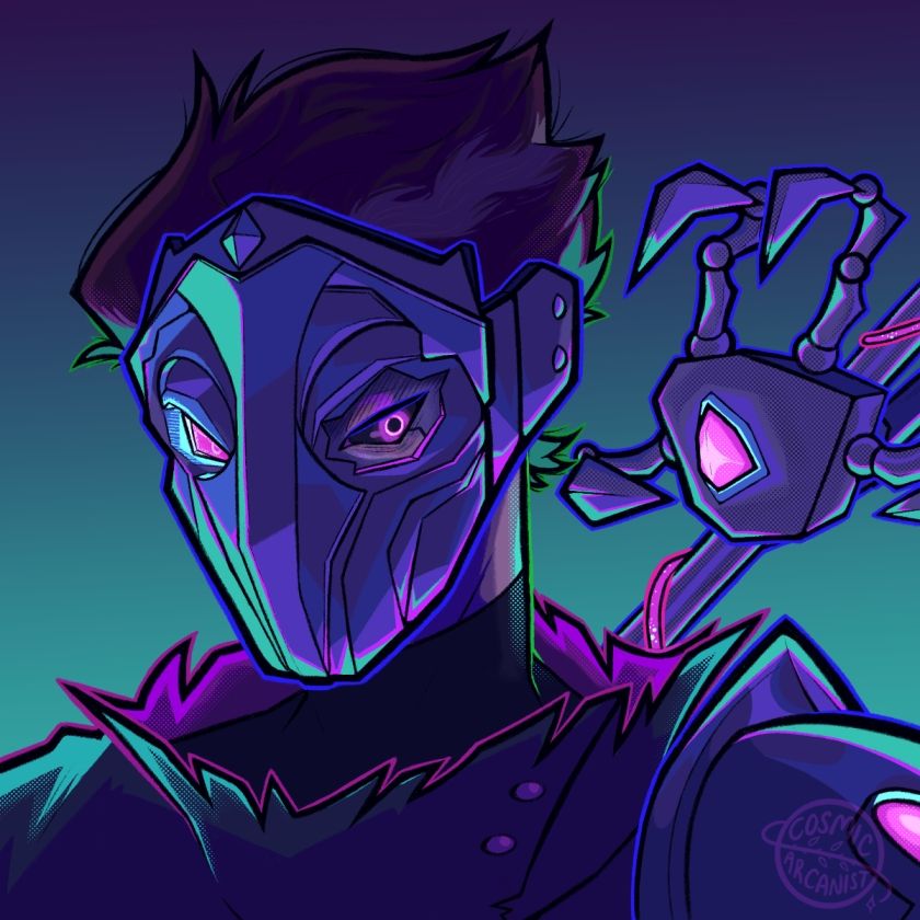 illustration bust of viktor the machine herald. His mask is cracked, showing one wild eye