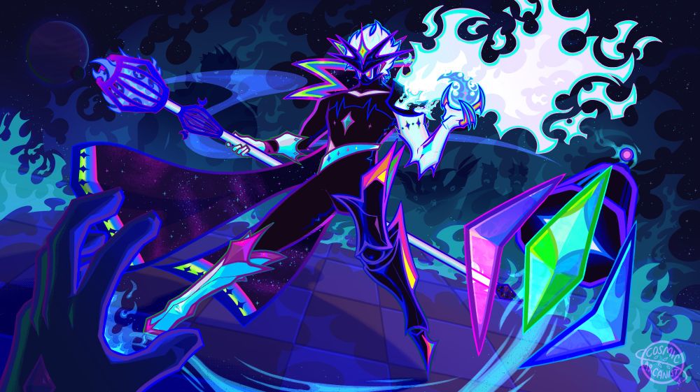 Splash illustration of my Star Nemesis Viktor design. Viktor stands before a guardian, his hexclaw - colourful and crystaline - saps the guardian of their life force. Viktor's Nemesis look consists of a sharp and imposing prosthetic leg, EKG reading emblazoned across his chest like top scars, and his left arm is blindingly white and clawed. In his left hand he holds the guardian's flame of life. White flames burst from his shoulder pauldron. His mask, dark, hides his features and stars out, stark against his white, glowing hair. His staff houses the same flame he absorbs from guardians.

 In the background, poor lost souls wail as they follow him, one of which is Star Guardian Mundo, as well as his owl-like familiar, Blitzy. His stance is wide and powerful and wreathed in flames.