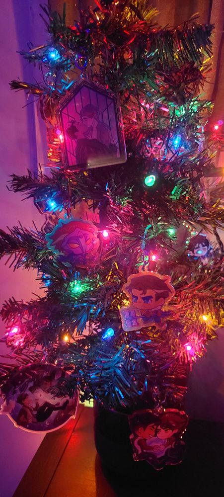 mini christmas tree with coloured lights decorated with jayvik and vikjayce charms