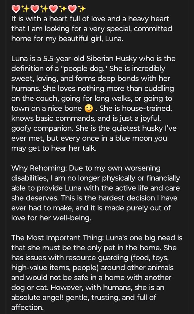 💗✨💗✨💗✨💗✨
It is with a heart full of love and a heavy heart that I am looking for a very special, committed home for my beautiful girl, Luna.

Luna is a 5.5-year-old Siberian Husky who is the definition of a "people dog." She is incredibly sweet, loving, and forms deep bonds with her humans. She loves nothing more than cuddling on the couch, going for long walks, or going to town on a nice bone 🙂 . She is house-trained, knows basic commands, and is just a joyful, goofy companion. She is the quietest husky I’ve ever met, but every once in a blue moon you may get to hear her talk.

Why Rehoming: Due to my own worsening disabilities, I am no longer physically or financially able to provide Luna with the active life and care she deserves. This is the hardest decision I have ever had to make, and it is made purely out of love for her well-being.

The Most Important Thing: Luna's one big need is that she must be the only pet in the home. She has issues with resource guarding (food, toys, high-value items, people) around other animals and would not be safe in a home with another dog or cat. However, with humans, she is an absolute angel! gentle, trusting, and full of affection.

