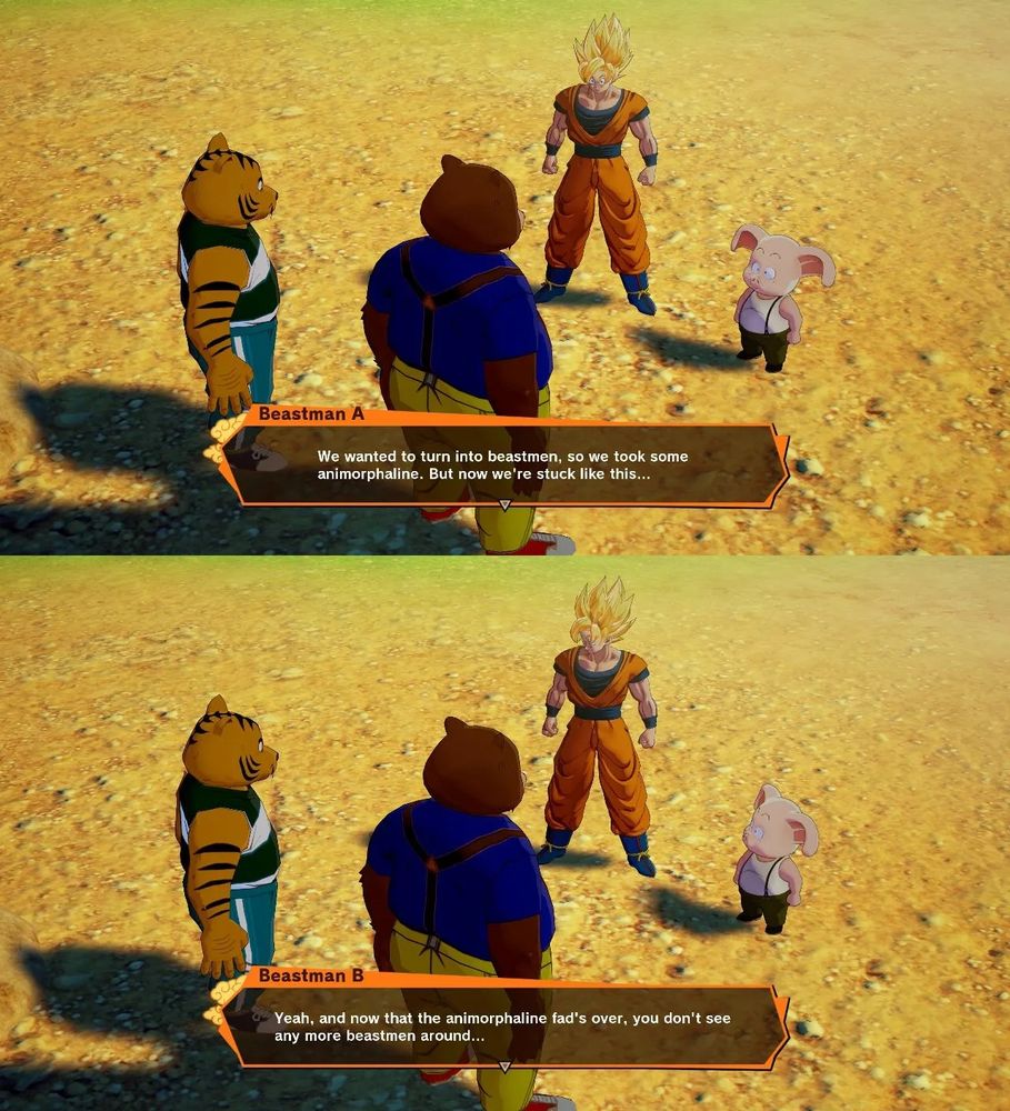 A screenshot of a dragon ball game, the dialogue a Tiger-man says is "We wanted to turn into beastmen, so we took some animorphaline. But now we're stuck like this..." the other, a Bean-man says "Yeah, and now that the animorphaline fad's over, you don't see any more beastmen around..."
