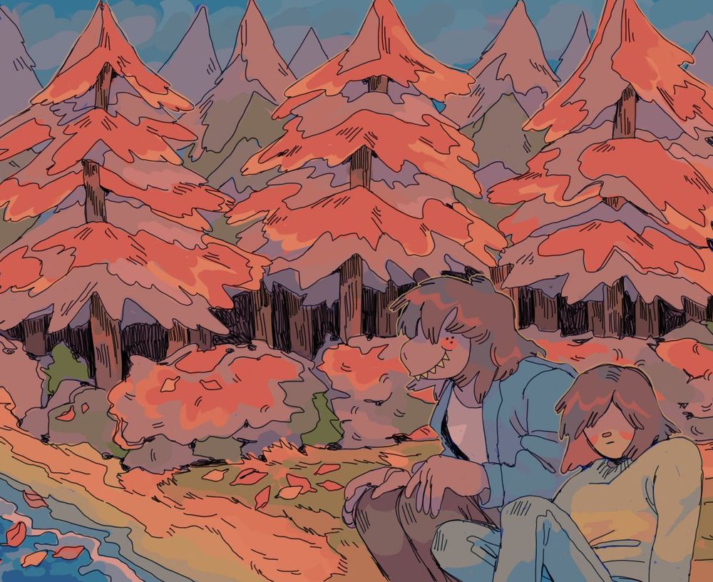 Kris and Susie enjoying the autumn leaves of oranging pine trees, out in the woods. Also the tweet originally said "Autism" instead of Autumn and I changed it because what if it was a typo?? Like I don't think I can say that personally even as a quote but just in case it was a creative vision and not auto-correct I wanted to write down somewhere that that's what happened. Forgive me specter the artist I am not on your level
