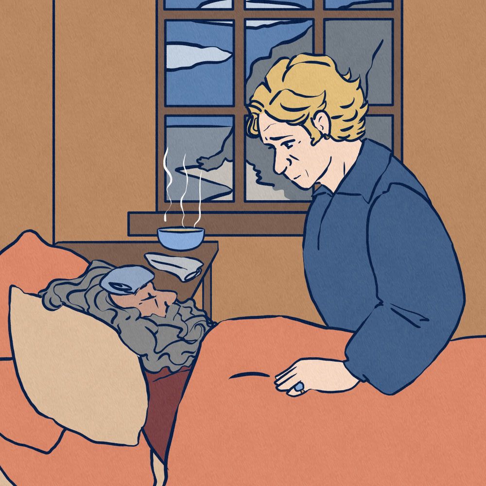Drawing of Ed in bed with a cloth on his forehead while Stede sits on the edge and watches over him.