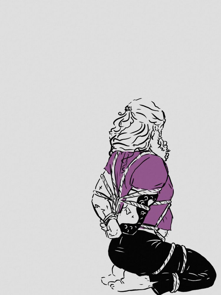 Sketchy drawing of Ed Teach from behind as he's kneeling in his leather pants and short purple shirt, bound in shibari style ropes.