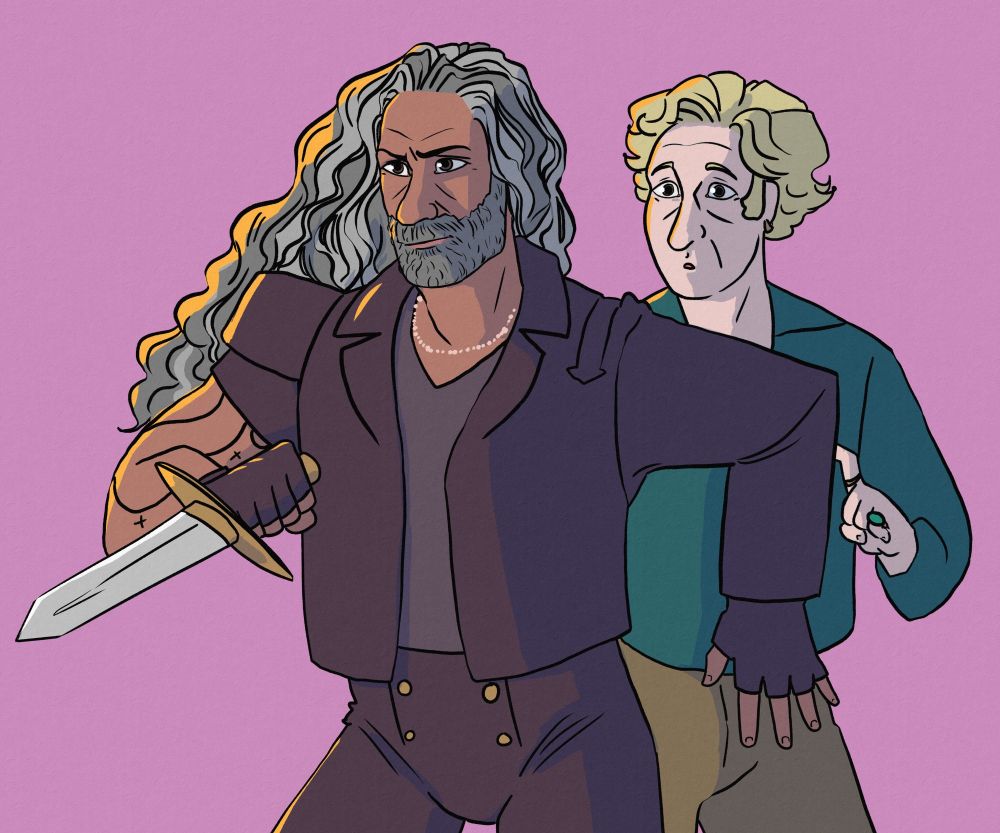 Ed standing in front of Stede protectively, holding a knife to defend him.