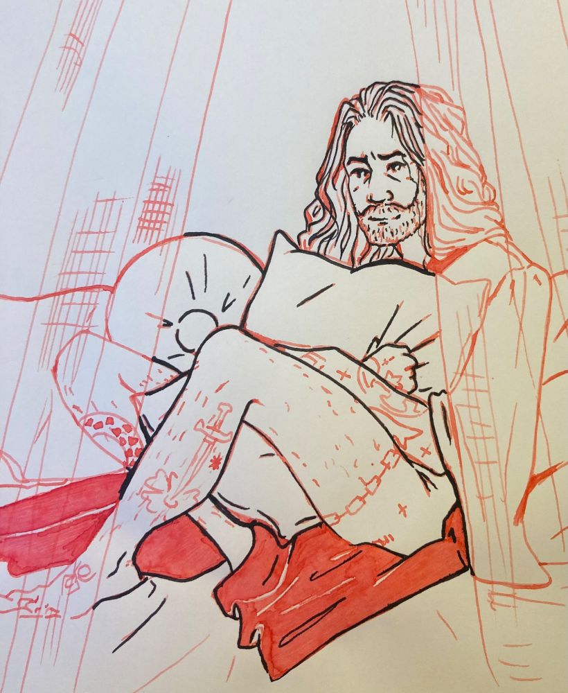 Drawing of Ed Teach in a robe on a bed, hugging a pillow with arms and legs
