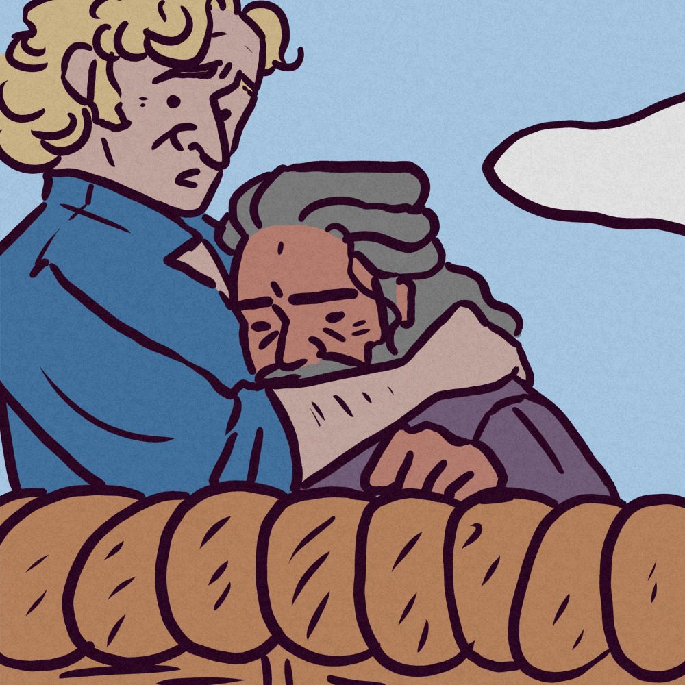 Jokey drawing of Ed cowering in the balloon basket while Stede comforts him.