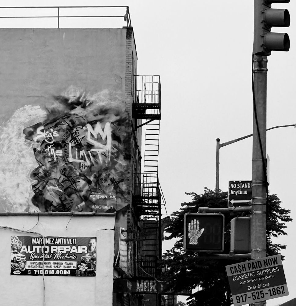 Brooklyn street corner with graffiti stating: Sky’s the Limit 