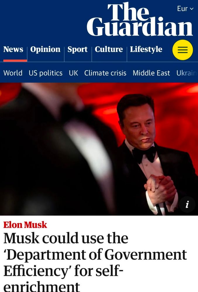 Screen grab of guardian headline stating that musk could use the bogus department of government efficiency for self enrichment 