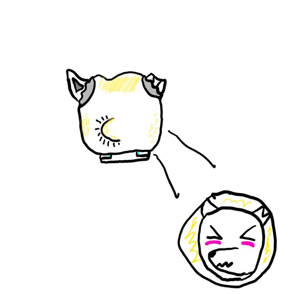 A drawing of my fursona in a wet diaper hood with lines pointing ro a circle showing the inside where you can see my fursona blushing