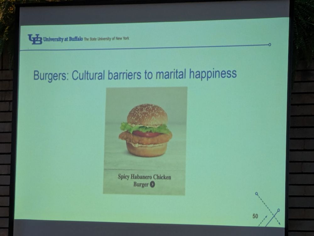 A slide with a picture of a "Spicy Habanero Chicken Burger" and the title: Burgers: Cultural barriers to marital happiness