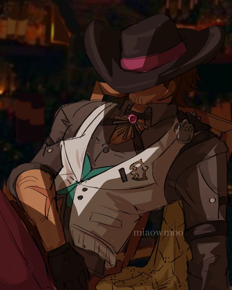 Illustration of Gallagher leaning back on a chair with his cowboy hat pulled down over his eyes in a dimly lit bar.
