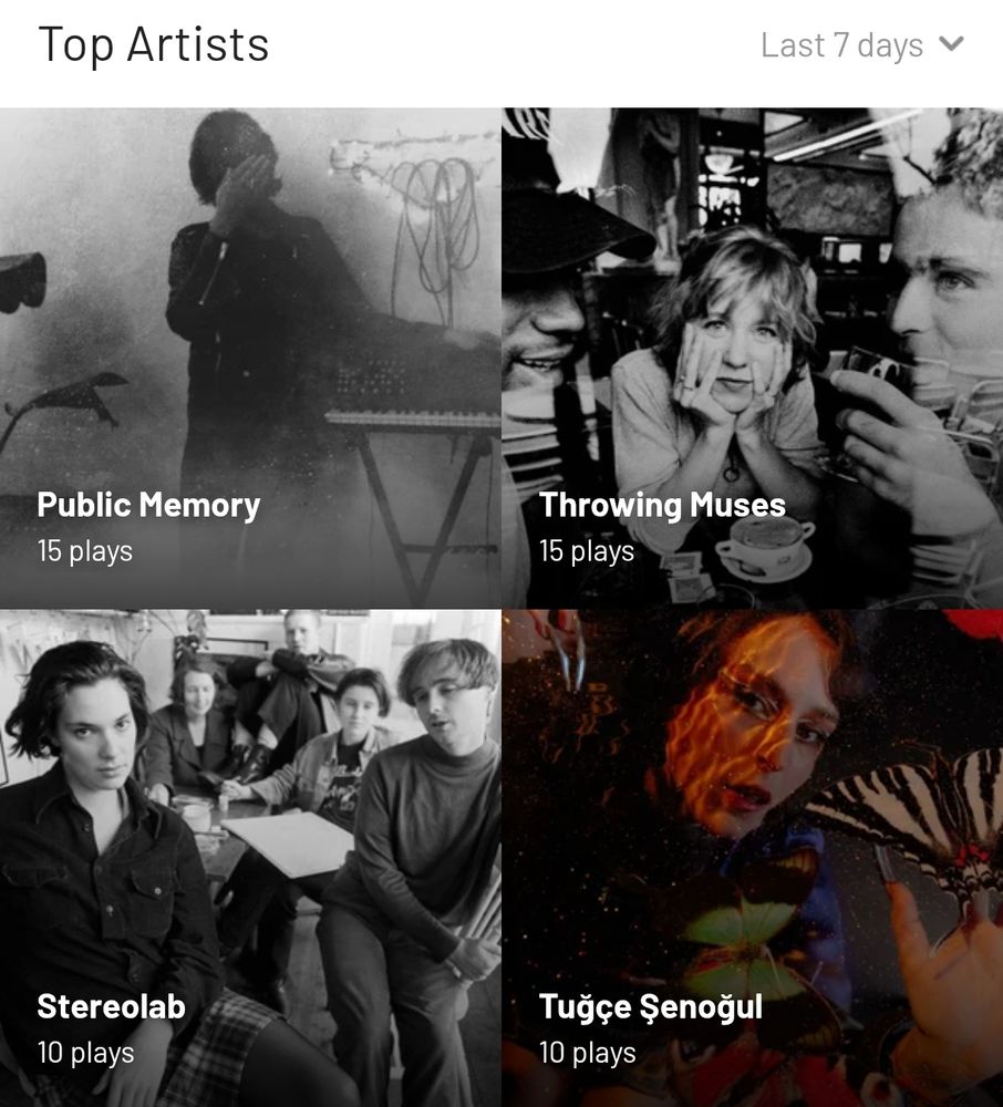 Top artists last 7 days - Public Memory, Throwing Muses, Stereolab, Tugce Senogul