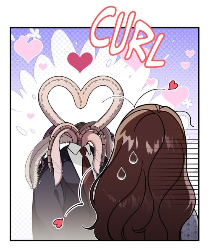 A woman sweatdropping while a tentacle-headed man in a suit forms a heart with his tentacles.