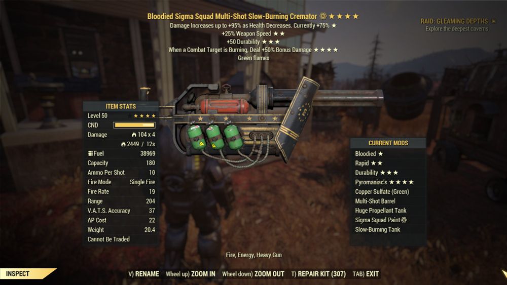 Bloodied Sigma Squad Multi-Shot Burning Cremator from Fallout 76