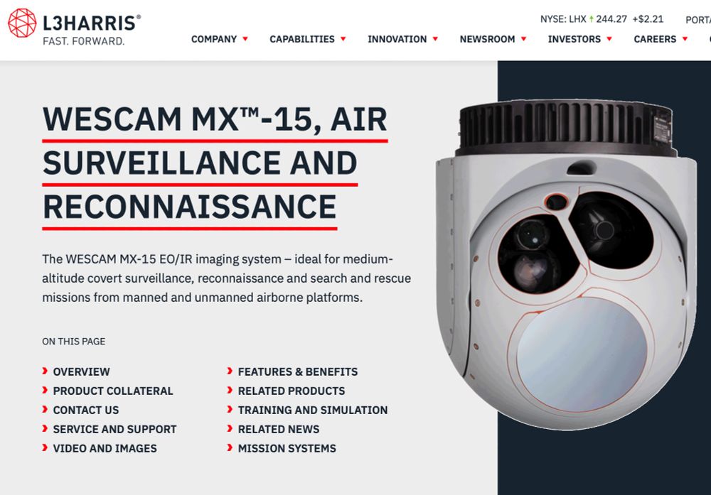A screenshot of L3 Harris' website showing off the WESCAM MX-15 optical surveillance system that the California Highway Patrol observer aircraft orbiting Downtown LA is using.