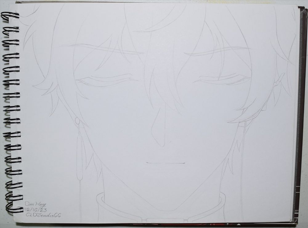 Pencil sketch of Dan Heng's face in a closeup shot from his animated short: Ichor of Two Dragons. He's in his human form as he smiles softly with his eyes closed.