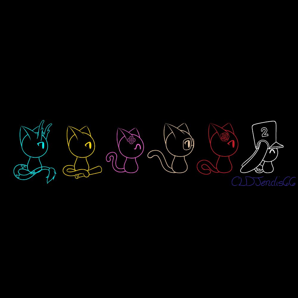 Honkai: Star Rail characters drawn as small cats, minus Pom-Pom, who's a rabbit. They're all drawn from the side as they look ahead towards the right side of the illustration. From Left to Right: Dan Heng is a powerful dragon cat with horns and a translucent long tail curled around him that has scales with a fluffy tip, all while his lineart color is teal; Caelus is curious a cat that has a tail wrapped around a baseball bat, all while his lineart color is yellow; March is happy a cat with a flower pin on her ear while her tail curls in playful manner, all while her lineart color is pink; Welt is an excited cat with glasses that has his tail curled in a friendly way, all while his lineart is beige; Himeko is a composed cat with a rose on her ear and has her tail curled around her in a fascinated way, all while her lineart is red; Pom-Pom is a joyful rabbit with long ears and fluffy tail that's  wearing a conductor hat that bears the number 2 to represent the 2nd Year Anniversary of Honkai: Star Rail, all while their lineart is white. At the bottom right corner is the signature of the artist CLDJendis66 in purple.