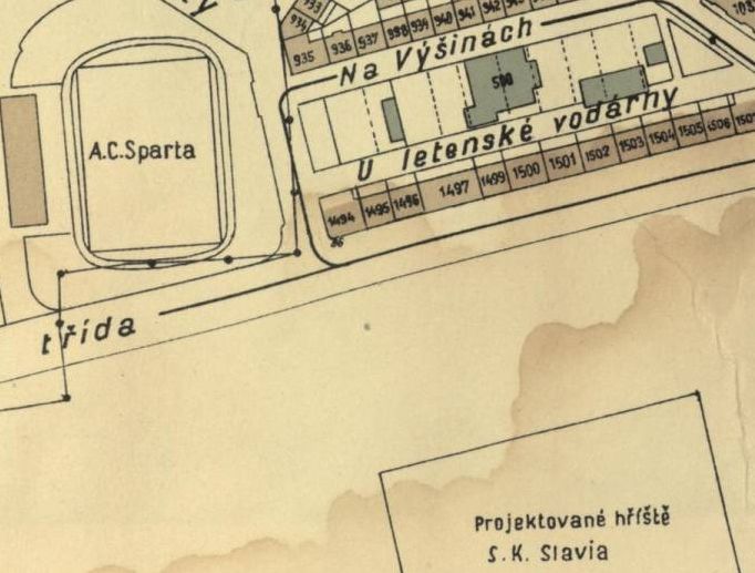Plán Letné. Stadion Sparty v současné poloze, naproti přes letenskou pláň "projektované hříště S.K. Slavia"