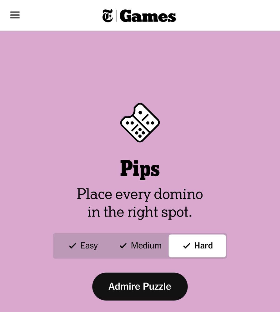 Page d'accueil de Pips, jeu proposé par le New York Times
Les niveaux Facile, Moyen et Difficile sont cochés