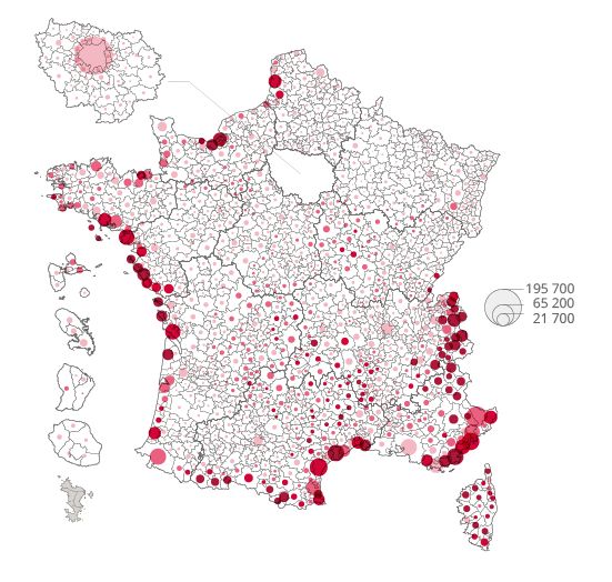 **INDICE CI-DESSOUS**

Une carte de France au niveau des EPCI, qui représente un nombre surreprésenté sur les littoraux.