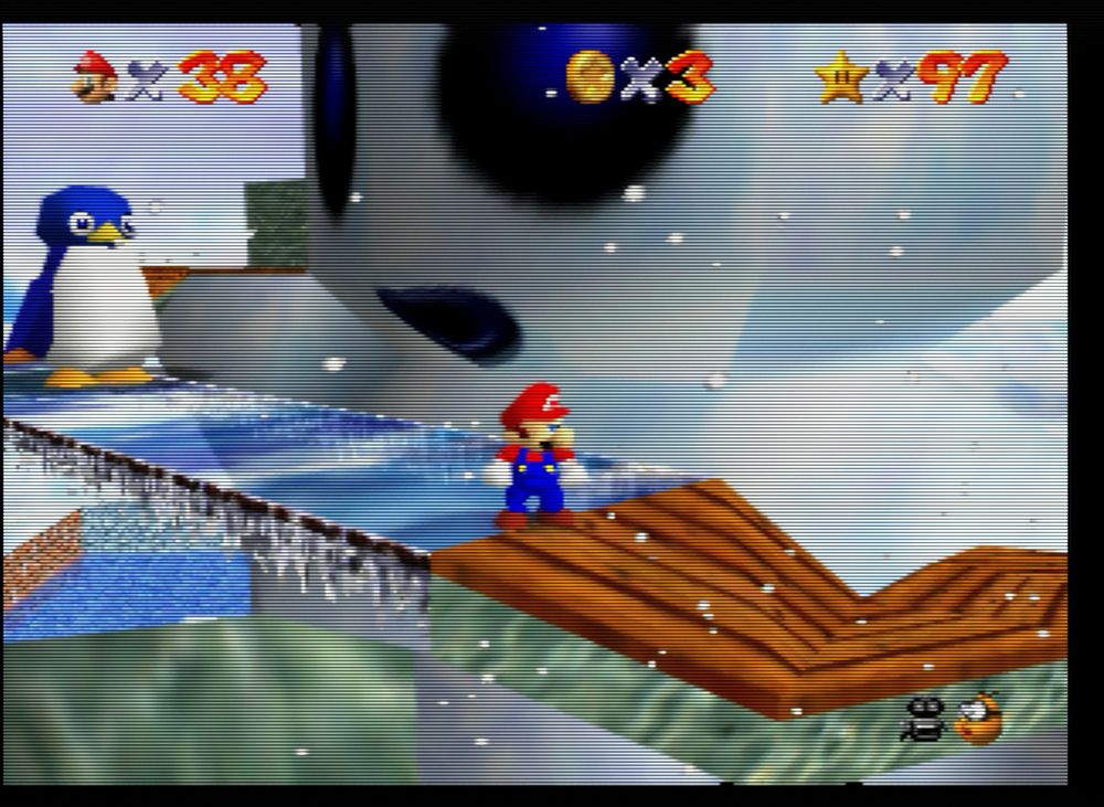 Mario in front of a giant snowman
