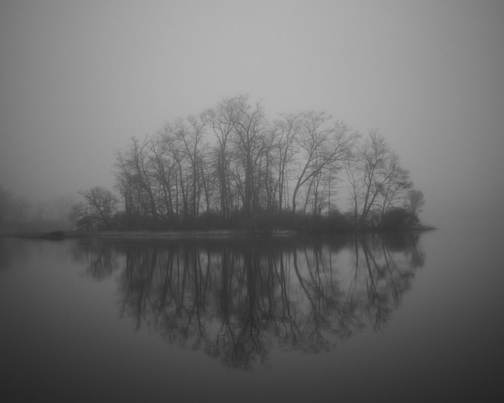Black and white photo of an island reflecting on a foggy lake.
