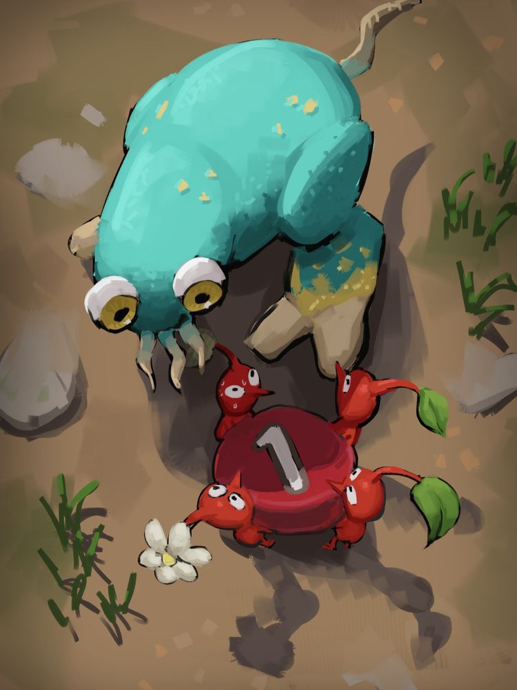 An herbivorous early stage spore creature looming over 4 red pikmin carrying a pellet, visibly scared