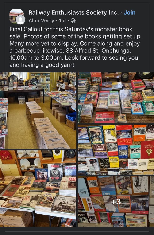 Railway book sale 10 to 3 38 Alfred street Onehunga. Lots of stacked books.