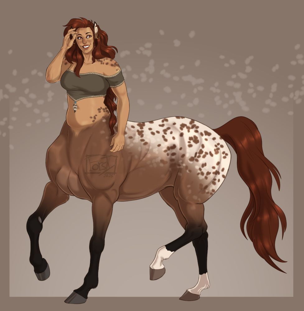 A female centaur original character trotting along smiling. She has red hair and tail and her horse body is appaloosa pattern.