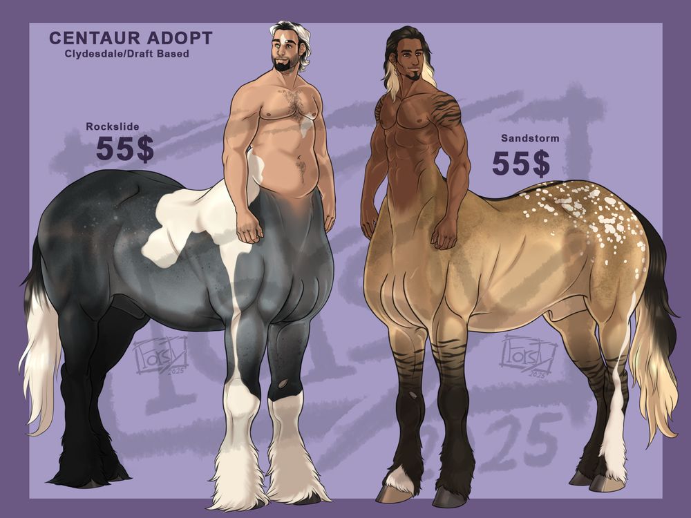 Two clydesdale male presenting centaur designs 