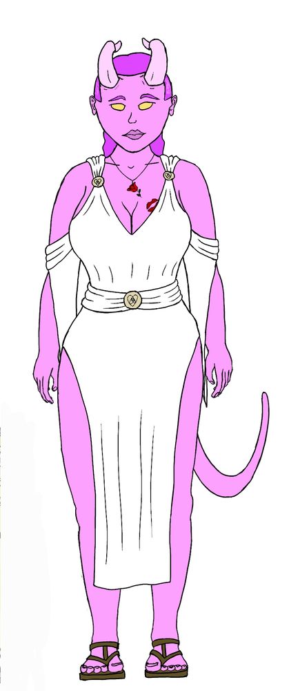 Lineart and flat colour drawing of Iolanda Angelsong. Iolanda is a pink-skinned tiefling (demon-kin) with horns, a tail, and monochromatic eyes. Her eyes are golden, her hair magenta, her horns pale pink and long and arching back over her head. Her hair is pulled back to hang loosely down her back, and she's wearing white robes which are open at the shoulder and hang at the arms, fastened with the symbol of Bellerrel, nested hearts in a recursive pattern. On her neck is a rose pendant, another common symbol of Bellerrel, and on one breast is what appears to be a tattoo of a kiss, but is in actual fact the Mark of Bezzal, Princess of Hell, outlined with tattoo ink in a hope to make it look slightly less obviously like a sign of her pact with a Deviless. She wears strappy flat sandals.