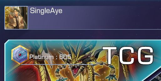 The layout of YGO Omega's online menu, zoomed in on "SingleAye" getting "Platinum" with 605 elo on the TCG ladder