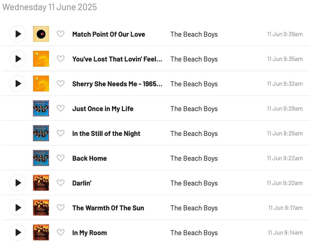 A screenshot from Last.fm of my library of songs that I have scrobbled, recently played, sorted in most recently played. 

Reading from bottom to top:

"In My Room" - The Beach Boys
"The Warmth Of The Sun" - The Beach Boys
"Darlin'" - The Beach Boys
"Back Home" - The Beach Boys
"In the Still of the Night" - The Beach Boys
"Just Once in My Life" - The Beach Boys
"Sherry She Needs Me - 1965 Track With 1976 Vocal" - The Beach Boys
"You've Lost That Lovin' Feeling" - The Beach Boys
"Match Point Of Our Love" - The Beach Boys