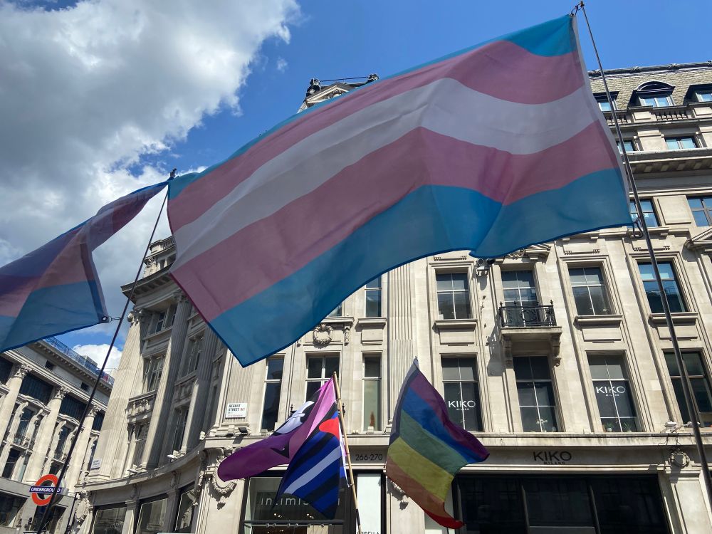 A picture of a trans pride flag fluttering in the sun on Regents Street in London.