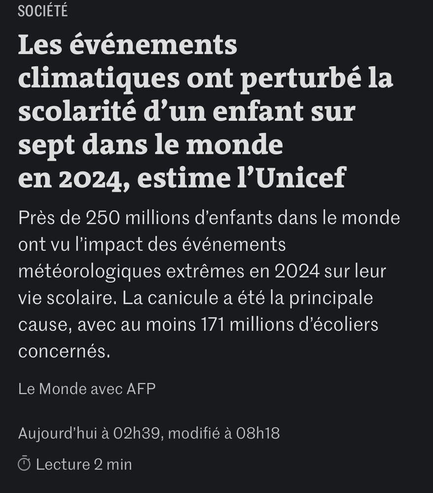 Article du Monde : les événements climatiques ont perturbé la scolarité d’1 enfant sur 7 dans le monde. 