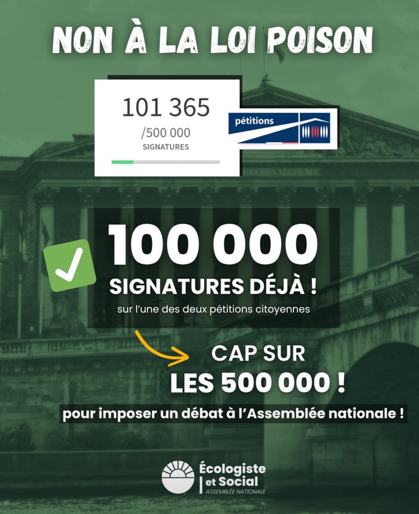 100 000 signatures déjà ! CAP sur les 500 000 pour imposer un débat à l’AN. Visuel du groupe Ecologiste et social 