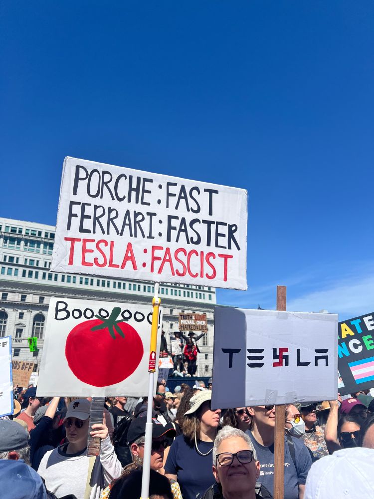 Protest signs: 

 PORCHE: FAST
 FERRARI: FASTER
 TESLA: FASCIST
 