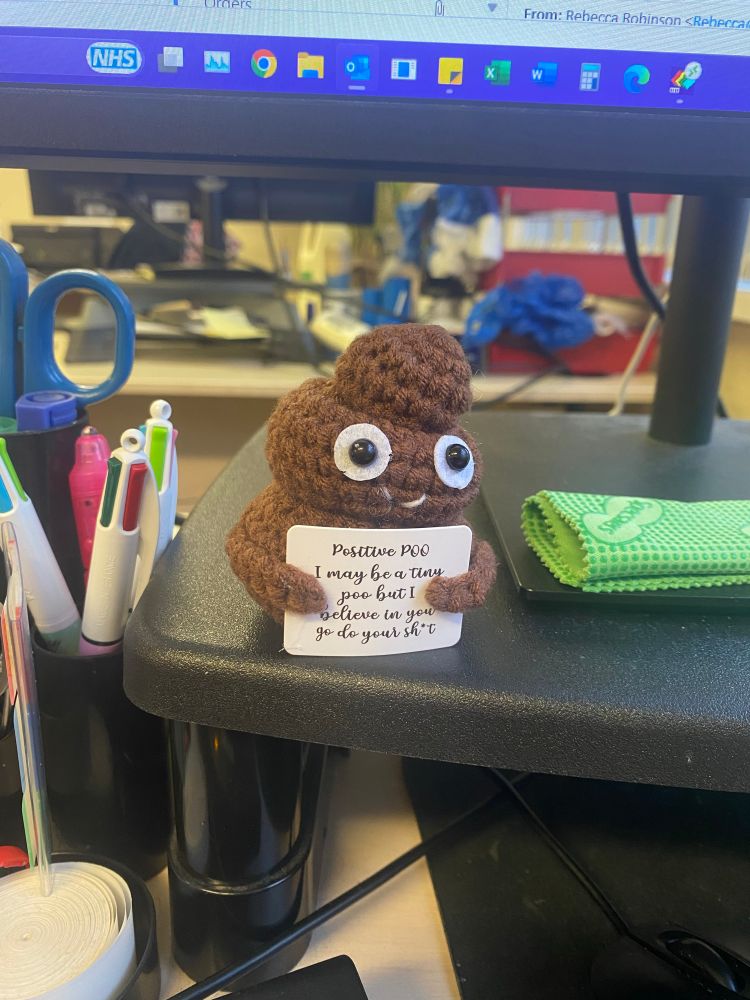 crocheted poop emoji holding a sign saying “positive poo, i may be a tiny poo but i believe in you. go do your shit”