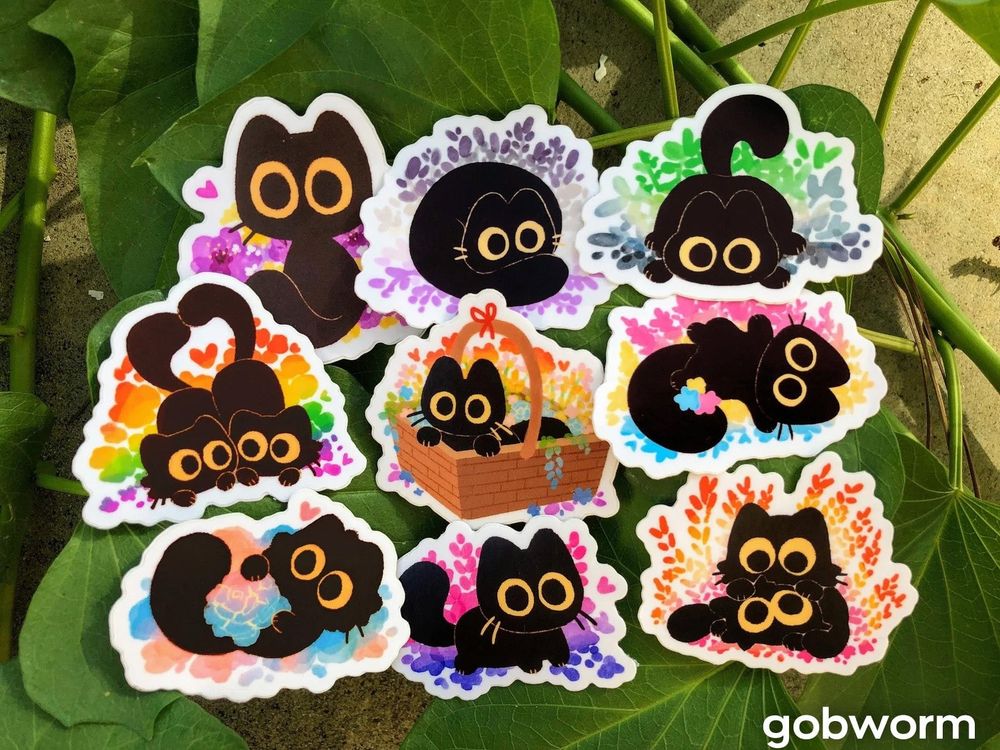 black cats on floral backgrounds subtle pride stickers: nonbinary, ace, aro, rainbow, progress, pan, trans, bi, lesbian