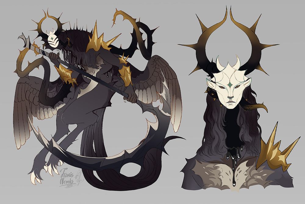 A full-body drawing and a portrait of a black and white owl-deer like creature with golden accents and thorn motifs/tangles, and circlic antlers. Their face resembles a mask, and they are holding a scythe.
