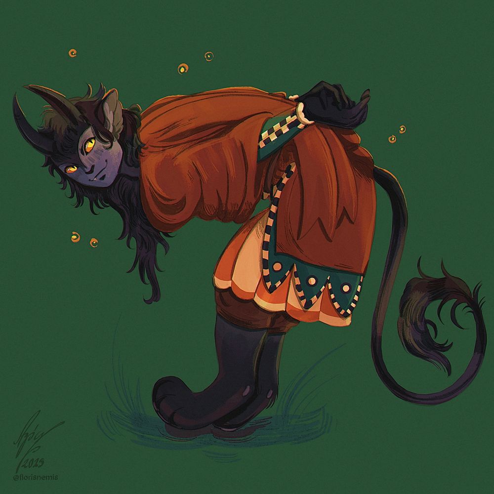 A mischievous humanoid with dark fur, horns, and a tail, dressed in red robes with playful patterns.