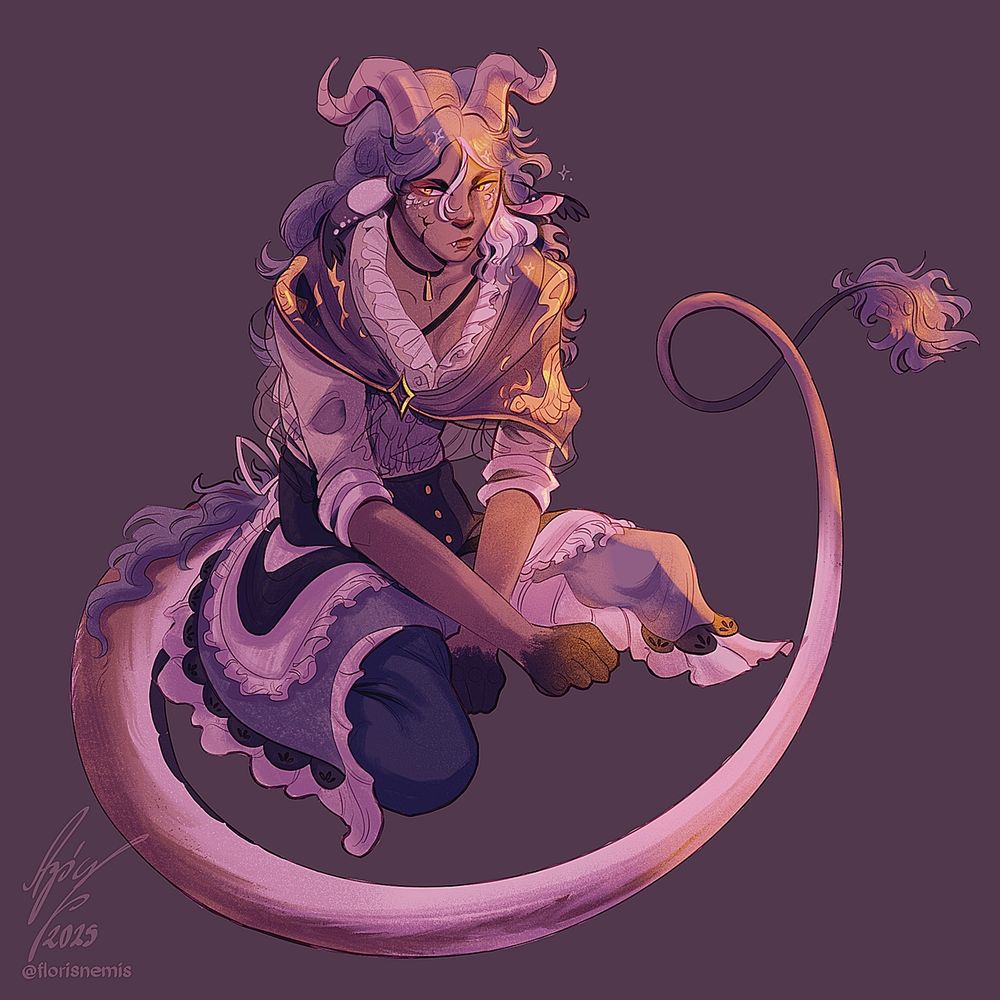 A humanoid dragon with long hair and tail and ears, sitting in a delicate pose, looking unhappy with their feeble human form. The character has a grey-brown-purple color palette.