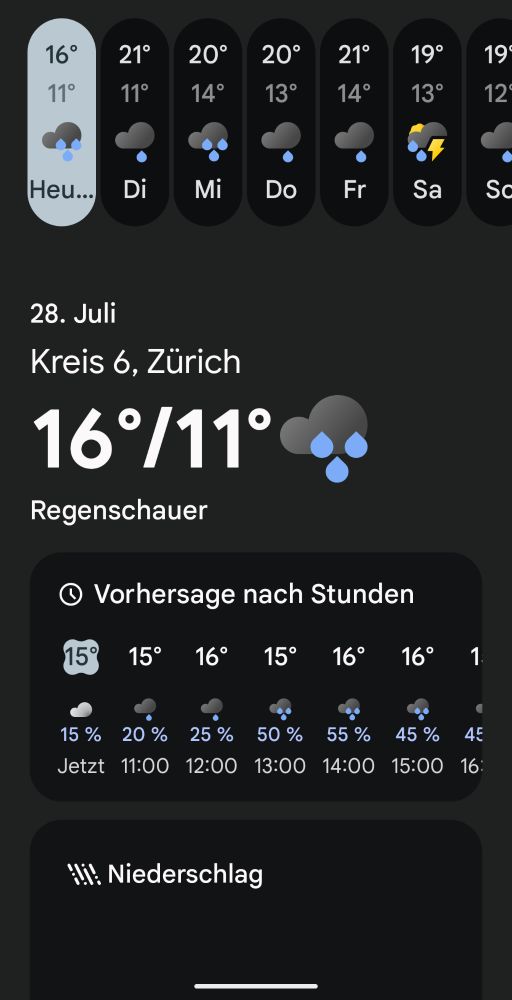 Ein Screenshot zeigt die Wettervorhersage für Zürich am 28. Juli. Aktuell sind es 16°C, mit einer Tiefsttemperatur von 11°C und Regenschauern. Die 7-Tage-Prognose zeigt Temperaturen zwischen 19°C und 21°C mit wechselhaftem Wetter, inklusive Regen und Gewittern. Die stündliche Vorhersage zeigt weiterhin Temperaturen um 15-16°C mit Regenwahrscheinlichkeit.


