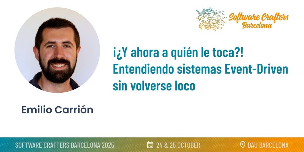 Cartel de la charla "¡¿Y ahora a quién le toca?! Entendiendo sistemas Event-Driven sin volverse loco"