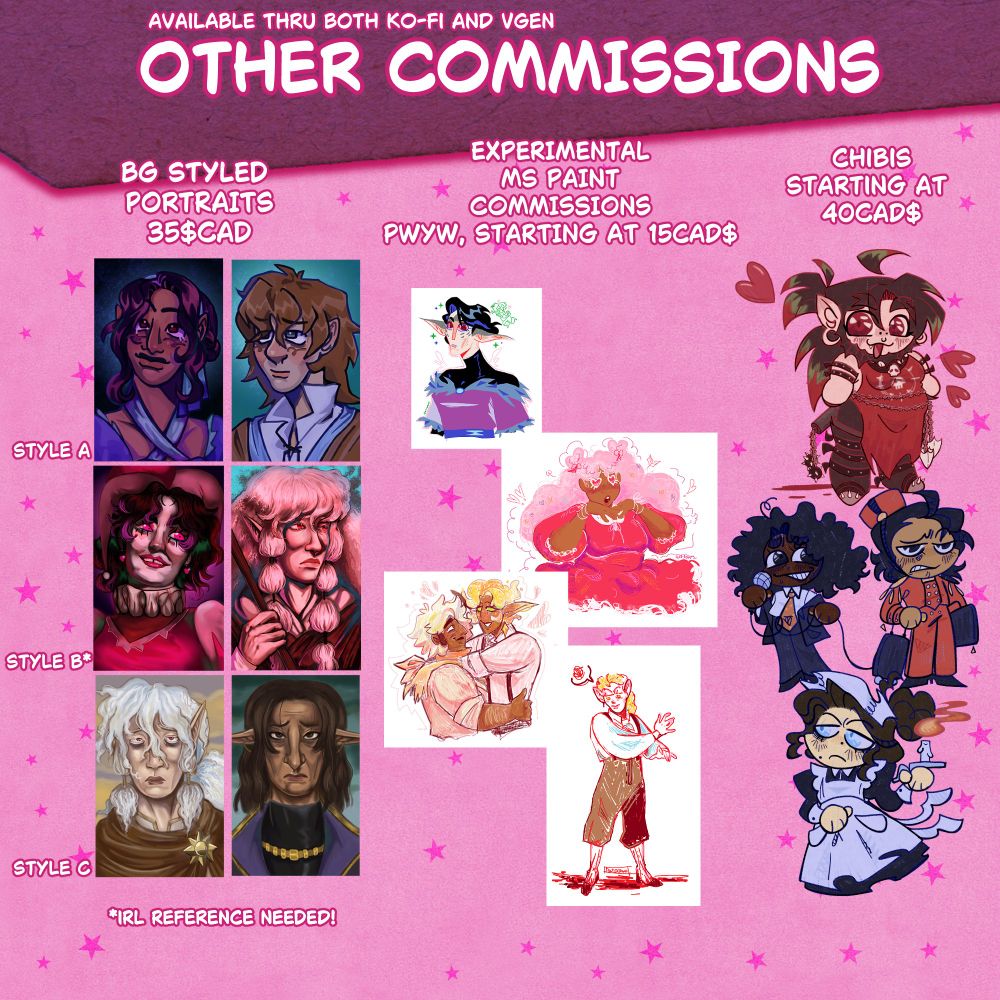 commission sheet for ratscrap's commissions. prices are as follows:

BG STYLED PORTRAITS - 35$CAD. they are advertised with three different styles, A, B and C. B requires an IRL reference. 

EXPERIMENTAL MS PAINT COMMISSIONS, PWYW, STARTING AT 15$CAD

CHIBIS STARTING AT 40CAD$