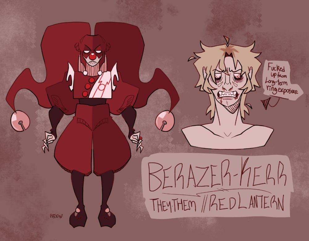 reference image for an original character. they are a red lantern dressed like a clown with a big jester hat. on the right is an image of what they look like unmasked. lower right has writing that has the information "berazer-kerr - they/them - red lantern"