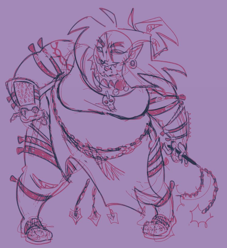 digital fullbody sketch of vyper. he's posed like he's ready for a fight, holding a two headed flail and a large smirk on his face. 