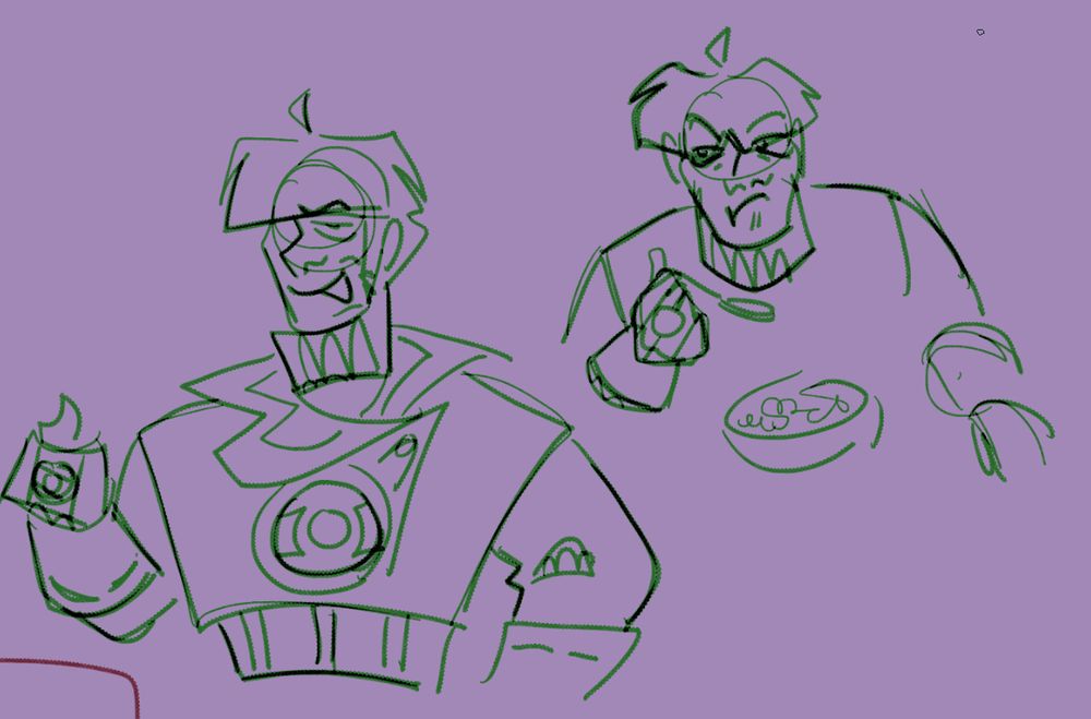 two digital sketches of guy gardner. on the left he is posing in a way to show off his ring, and on the upper right he is eating a bowl of cereal.
